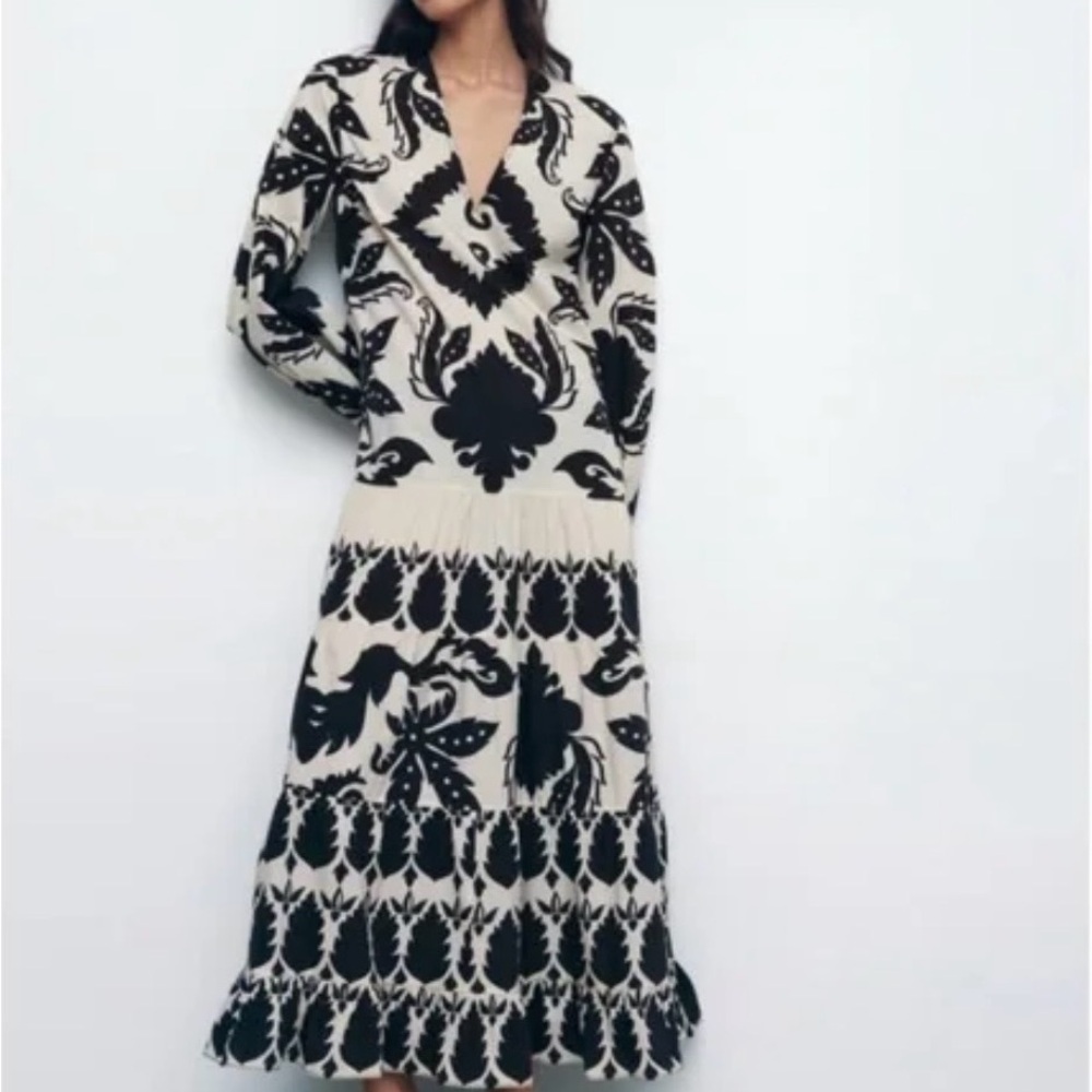 Zara Printed Maxi Dress Long Balloon Sleeves Black Cream Trending SZ XS EUC - Picture 5 of 13